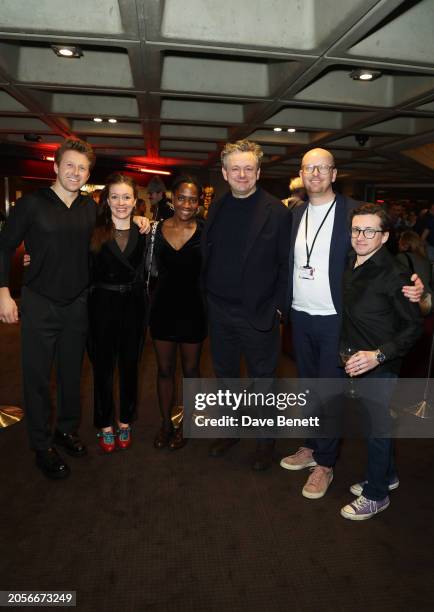 Mark Matthews, Rebecca Killick, Kezrena James, Michael Sheen, Tim Price and Michael Keane attend the press night after party for "Nye" at The...