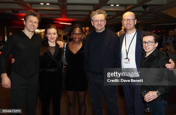 Mark Matthews, Rebecca Killick, Kezrena James, Michael Sheen, Tim Price and Michael Keane attend the press night after party for "Nye" at The...
