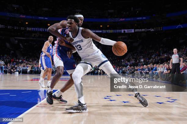 Jaren Jackson Jr. #13 of the Memphis Grizzlies handles the ball during the game against the Philadelphia 76ers on March 6, 2024 at the Wells Fargo...