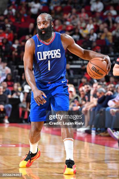 James Harden of the LA Clippers looks on during the game against the Houston Rockets on March 6, 2024 at the Toyota Center in Houston, Texas. NOTE TO...