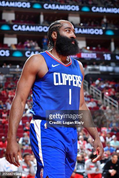 James Harden of the LA Clippers looks on during the game against the Houston Rockets on March 6, 2024 at the Toyota Center in Houston, Texas. NOTE TO...