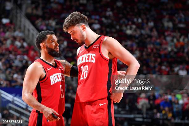 Fred VanVleet of the Houston Rockets talks to Alperen Sengun during the game against the LA Clippers on March 6, 2024 at the Toyota Center in...