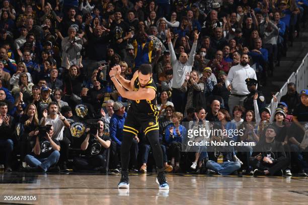 Stephen Curry of the Golden State Warriors reacts during the game against the Milwaukee Bucks on MARCH 6, 2024 at Chase Center in San Francisco,...
