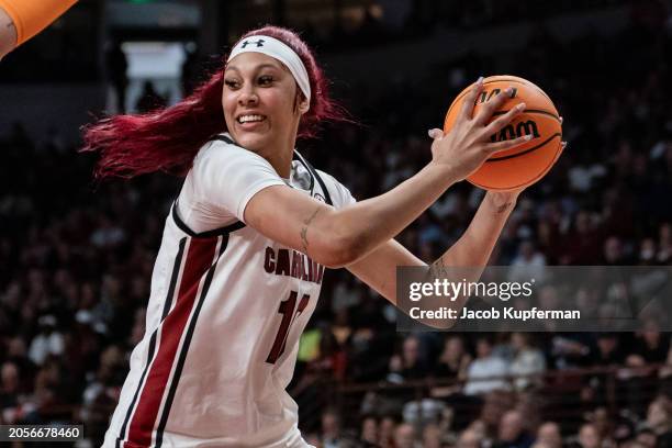 Kamilla Cardoso of the South Carolina Gamecocks drives to the basket against the Tennessee Lady Vols during the game at Colonial Life Arena on March...