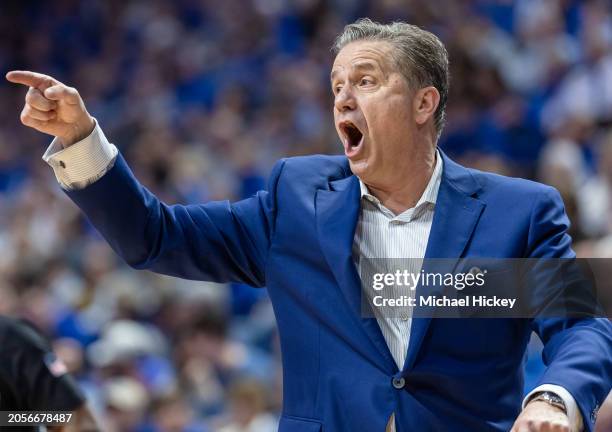 Head coach John Calipari of the Kentucky Wildcats reacts during the second half against the Vanderbilt Commodores at Rupp Arena on March 6, 2024 in...