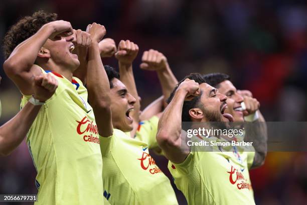 Henry Martin of America celebrates after scoring the team's third goal during the round of 16 first leg match between Chivas and America as part of...