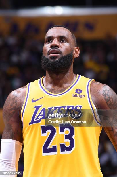 LeBron James of the Los Angeles Lakers looks on during the game against the Sacramento Kings on March 6, 2024 NBAE at Crypto.Com Arena in Los...