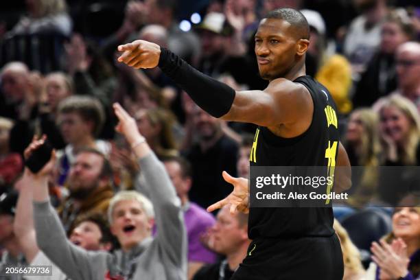 Kris Dunn of the Utah Jazz celebrates a three point shot during the second half of a game against the Chicago Bulls at Delta Center on March 06, 2024...