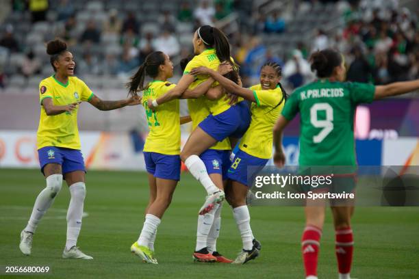 Brazil defender Antonia scores a goal during the CONCACAF Women's Gold Cup Semifinals match between Brazil and Mexico on March 06 at Snapdragon...