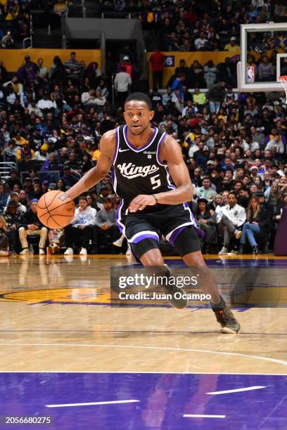 De'Aaron Fox of the Sacramento Kings drives to the basket during the game against the Los Angeles Lakers on March 6, 2024 NBAE at Crypto.Com Arena in...