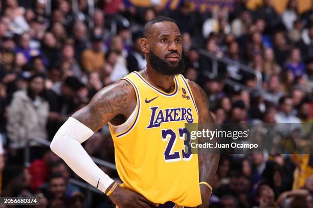 LeBron James of the Los Angeles Lakers looks on during the game against the Sacramento Kings on March 6, 2024 NBAE at Crypto.Com Arena in Los...