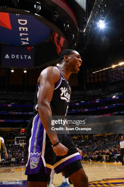 De'Aaron Fox of the Sacramento Kings celebrates during the game against the Los Angeles Lakers on March 6, 2024 NBAE at Crypto.Com Arena in Los...