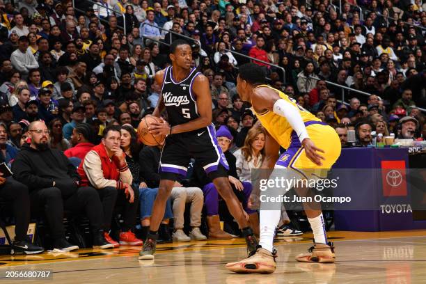 De'Aaron Fox of the Sacramento Kings handles the ball during the game against the Los Angeles Lakers on March 6, 2024 NBAE at Crypto.Com Arena in Los...