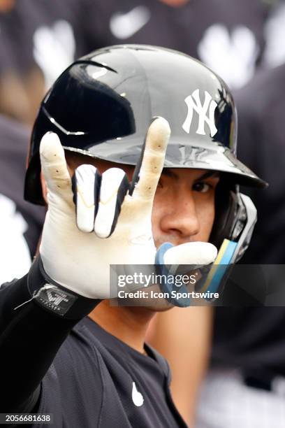 New York Yankees infielder Gleyber Torres reacts in the dugout after hitting a home run against the Tampa Bay Rays during Spring Training on March 6...