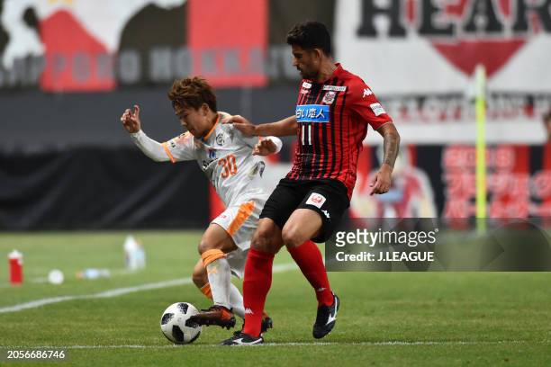 Shota Kaneko of Shimizu S-Pulse controls the ball against Jonathan Reis of Consadole Sapporo during the J.League J1 match between Hokkaido Consadole...