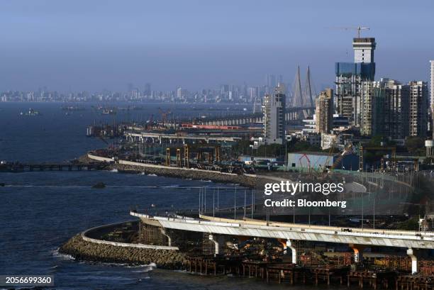 The construction site of the Mumbai Coastal Road project in Mumbai, India, on Monday, March 4, 2024. India's economy will likely grow faster than the...
