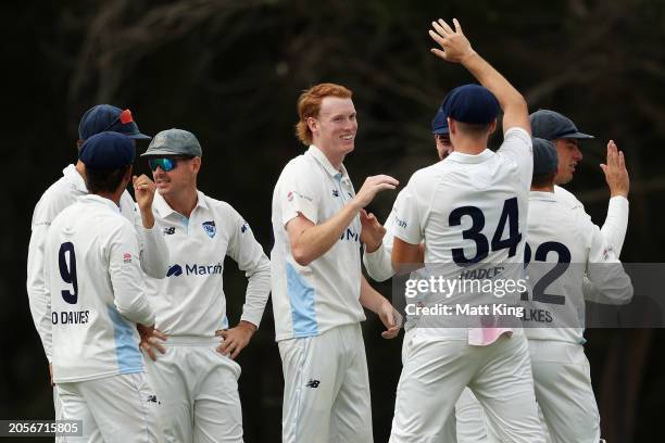 Jack Nisbet of New South Wales celebrates with team mates after taking the wicket of Jake Fraser-McGurk of South Australia during the Sheffield...