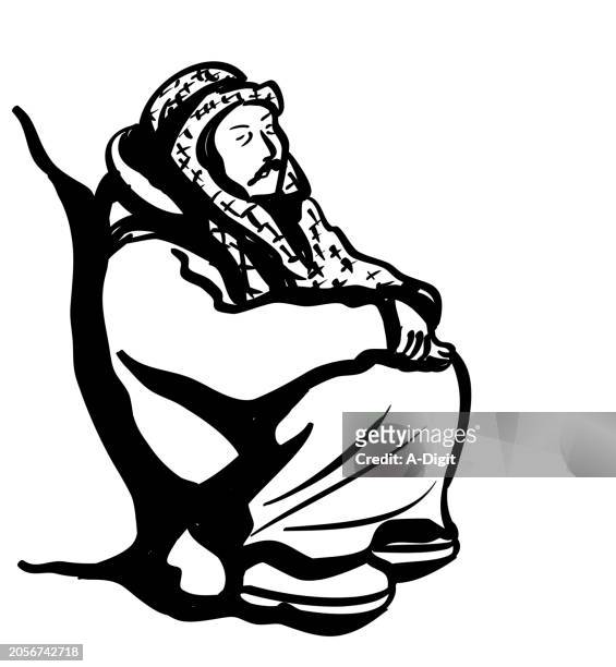 man wearing kufiya resting ink - saudi arabia people stock illustrations