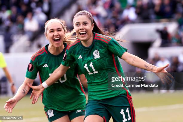 Jacqueline Ovalle of Mexico celebrates with Mayra Pelayo-Bernal after scoring the third goal of the game during the second half against Paraguay at...