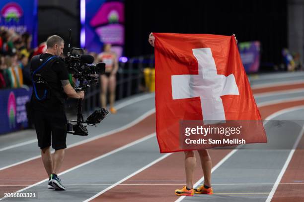 Simon Ehammer of Switzerland wins Gold overall in the Mens Heptathlon during day three of the World Athletics Indoor Championships at Emirates Arena...