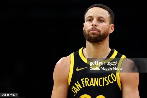 Stephen Curry of the Golden State Warriors looks on during the first quarter against the Boston Celtics at TD Garden on March 03, 2024 in Boston,...