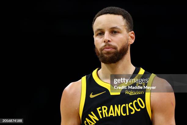 Stephen Curry of the Golden State Warriors looks on during the first quarter against the Boston Celtics at TD Garden on March 03, 2024 in Boston,...