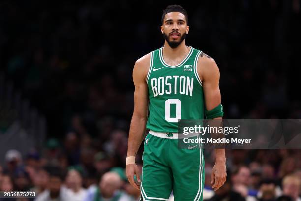 Jayson Tatum of the Boston Celtics looks on during the first quarter against the Golden State Warriors at TD Garden on March 03, 2024 in Boston,...