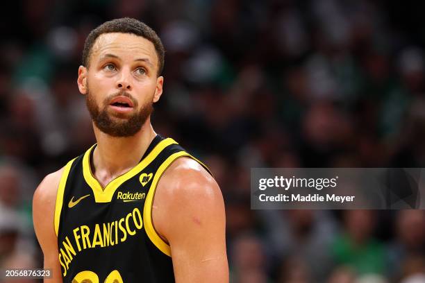 Stephen Curry of the Golden State Warriors looks on during the second quarter against the Boston Celtics at TD Garden on March 03, 2024 in Boston,...