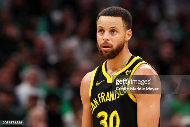 Stephen Curry of the Golden State Warriors looks on during the second quarter against the Boston Celtics at TD Garden on March 03, 2024 in Boston,...