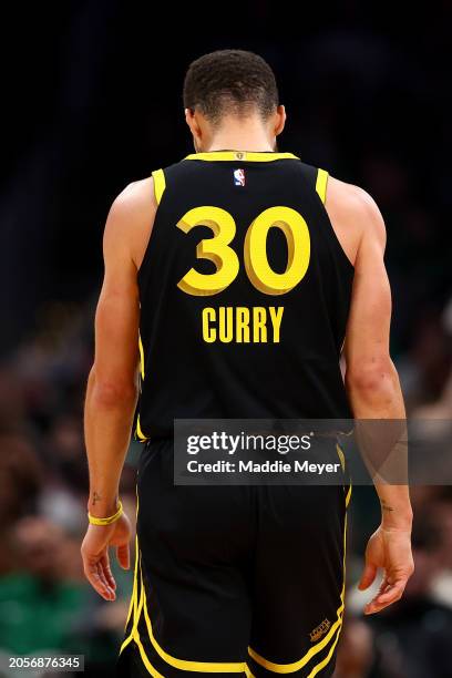 Stephen Curry of the Golden State Warriors looks on during the second quarter against the Boston Celtics at TD Garden on March 03, 2024 in Boston,...