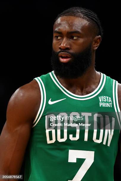 Jaylen Brown of the Boston Celtics looks on during the second quarter against the Golden State Warriors at TD Garden on March 03, 2024 in Boston,...
