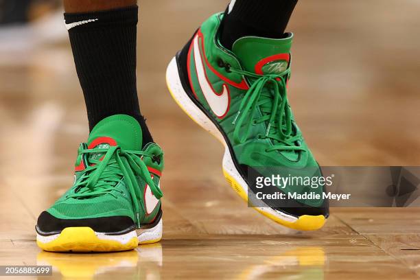 The shoes of Draymond Green of the Golden State Warriors during the second quarter at TD Garden on March 03, 2024 in Boston, Massachusetts. NOTE TO...