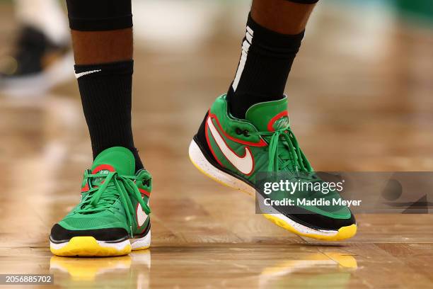 The shoes of Draymond Green of the Golden State Warriors during the second quarter at TD Garden on March 03, 2024 in Boston, Massachusetts. NOTE TO...