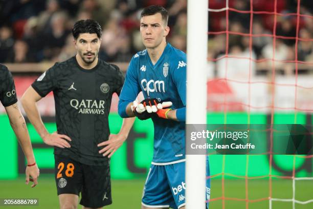 Monaco goalkeeper Radoslaw Majecki, left Carlos Soler of PSG during the Ligue 1 Uber Eats match between AS Monaco and Paris Saint-Germain at Stade...