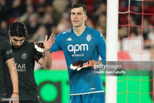 Monaco goalkeeper Radoslaw Majecki during the Ligue 1 Uber Eats match between AS Monaco and Paris Saint-Germain at Stade Louis II on March 1, 2024 in...