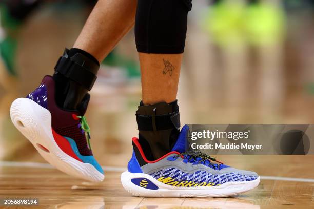 The shoes of Stephen Curry of the Golden State Warriors during the first quarter at TD Garden on March 03, 2024 in Boston, Massachusetts. NOTE TO...