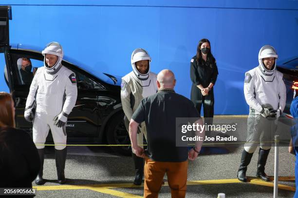 Crew-8 astronauts Russian cosmonaut and Mission Specialist Alexander Grebenkin, Mission Specialist Jeanette Epps and Pilot Matthew Dominick interact...