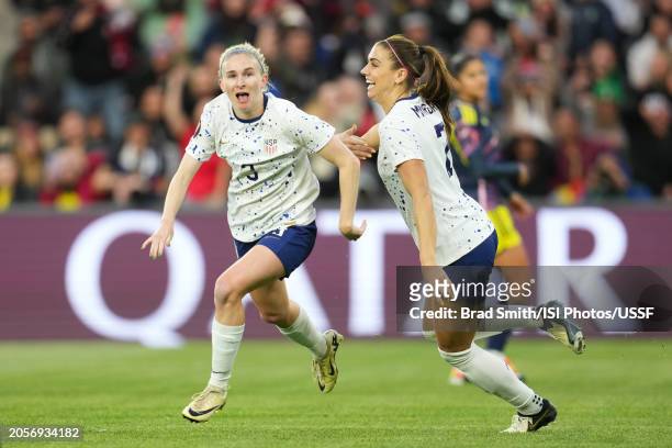 Jenna Nighswonger of the United States celebrates scoring with Alex Morgan during the first half against Colombia during the 2024 Concacaf W Gold Cup...