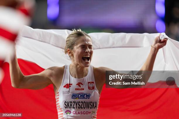 Pia Skrzyszowska of Poland celebrates after finishing 3rd in the Womens 60m Hurdles Final during day three of the World Athletics Indoor...