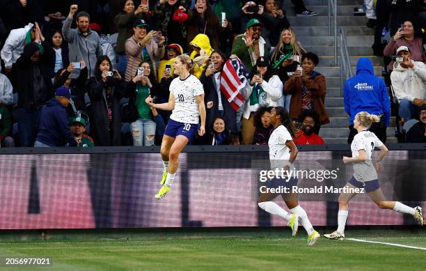Lindsey Horan of United States celebrates a goal against Columbia in the first half during the quarterfinals of 2024 Concacaf W Gold Cup at BMO...
