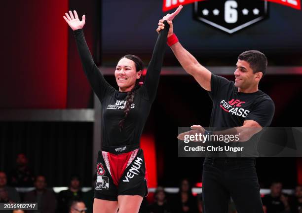 Raquel Canuto reacts after her submission victory against Karol Rosa during the UFC Fight Pass Invitational 6 at UFC APEX on March 03, 2024 in Las...