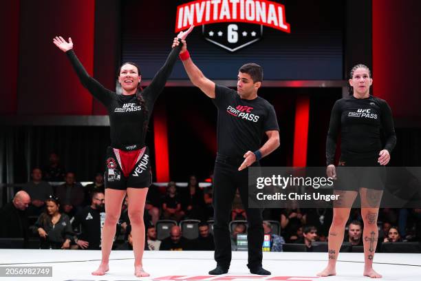 Raquel Canuto reacts after her submission victory against Karol Rosa during the UFC Fight Pass Invitational 6 at UFC APEX on March 03, 2024 in Las...