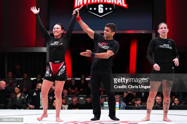 Raquel Canuto reacts after her submission victory against Karol Rosa during the UFC Fight Pass Invitational 6 at UFC APEX on March 03, 2024 in Las...