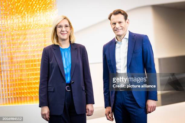 March 2024, Lower Saxony, Hanover: Katja Garcia Vila, CFO of Continental AG, and Nikolai Setzer, CEO of Continental AG, stand in front of the annual...