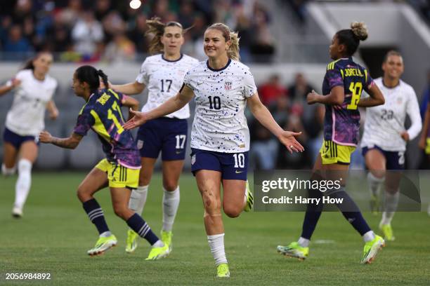 Lindsey Horan of United States celebrates her goal from a penalty kick, to take a 1-0 lead over Columbia, during the quarterfinals 2024 Concacaf W...