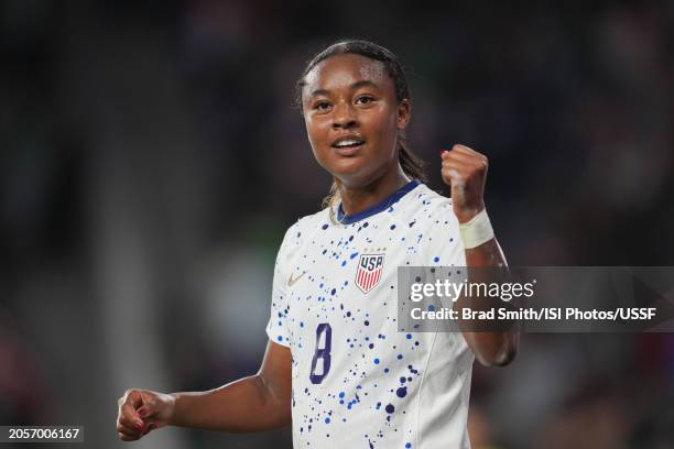 Jaedyn Shaw of the United States celebrates scoring during the first half against Colombia during the 2024 Concacaf W Gold Cup quarterfinal match at...