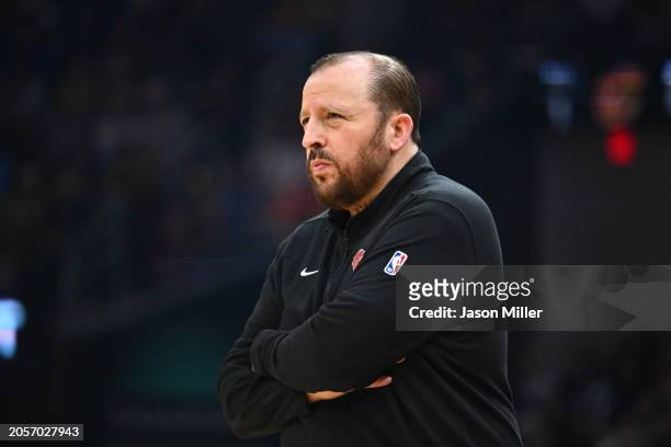 Head coach Tom Thibodeau of the New York Knicks watches the action against the Cleveland Cavaliers in the second quarter at Rocket Mortgage...