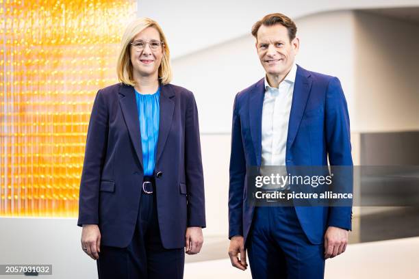 March 2024, Lower Saxony, Hanover: Katja Garcia Vila, CFO of Continental AG, and Nikolai Setzer, CEO of Continental AG, stand in front of the annual...