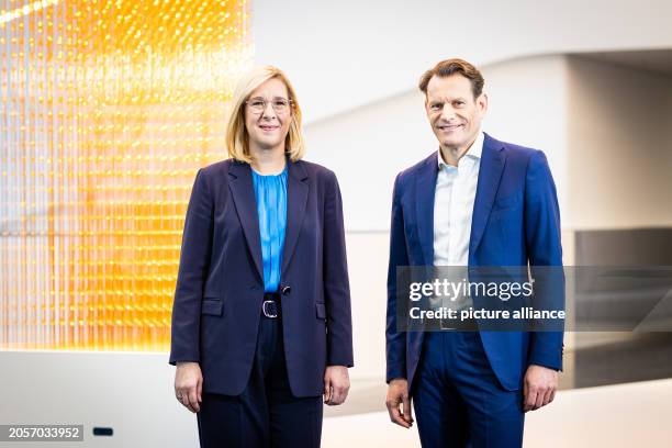 March 2024, Lower Saxony, Hanover: Katja Garcia Vila, CFO of Continental AG, and Nikolai Setzer, CEO of Continental AG, stand in front of the annual...