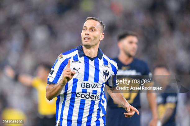 Sergio Canales of Monterrey celebrates after scoring the team's second goal during the 10th round match between Monterrey and Pumas UNAM as part of...